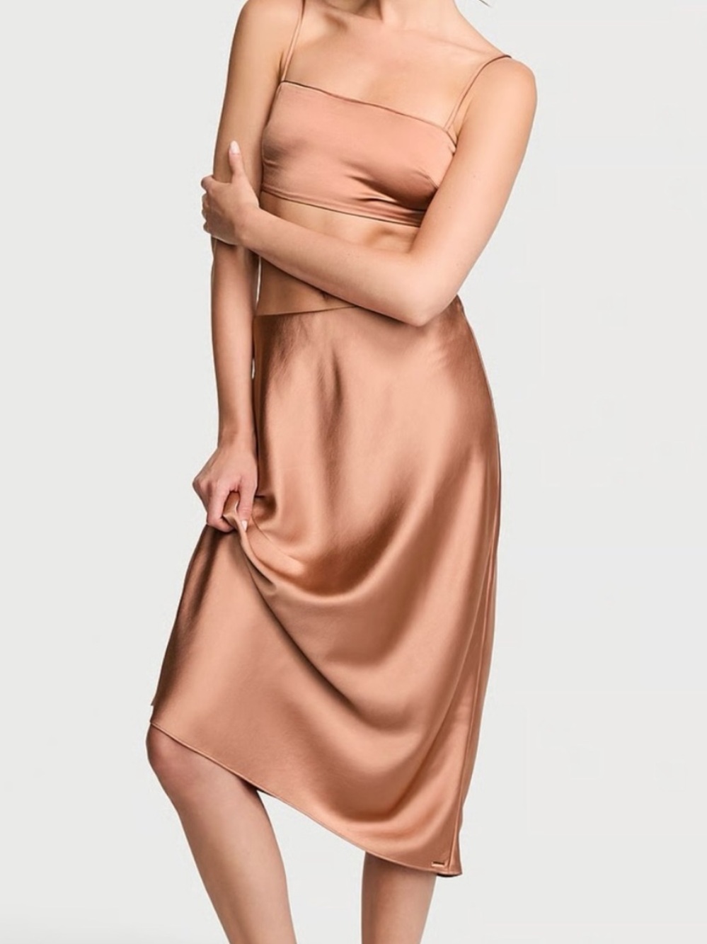 Victoria's Secret Luxe Satin Crop Bandeau Top & Slip Skirt Set in Desert Blush